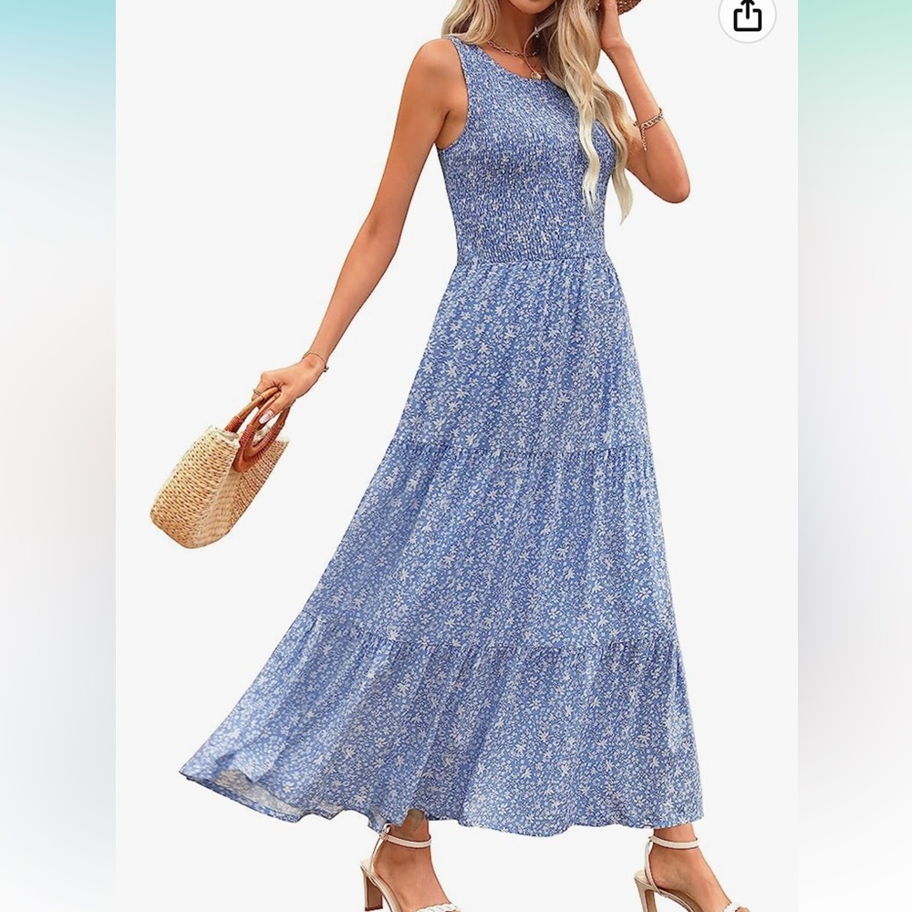 Zattcas Womens 2023 Smocked Sleeveless Tank Long Floral Tiered Maxi Dress XL